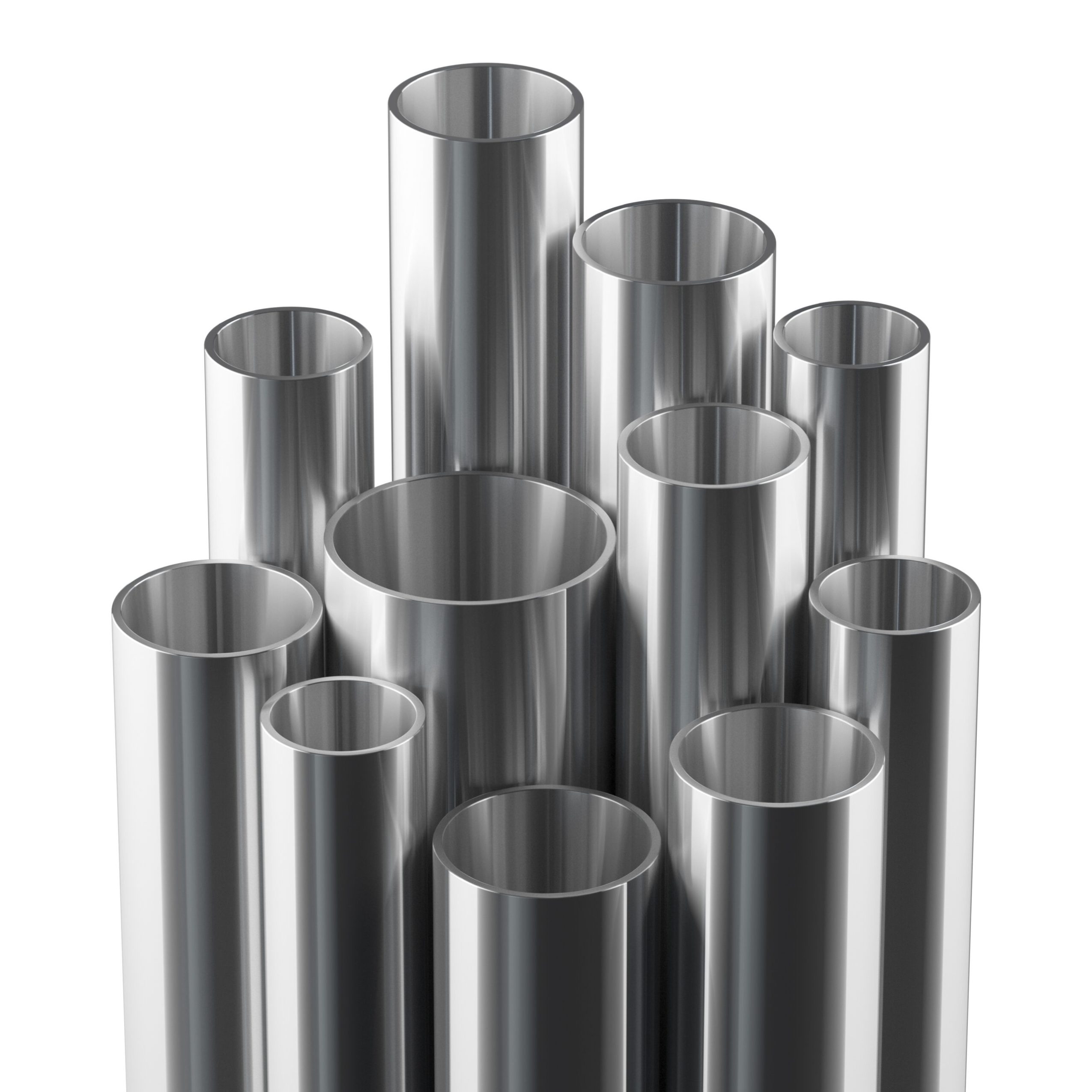 Set of metal pipes on a white background. Steel tubes, 3D rendering. Steel tubes, 3D rendering. Set of metal pipes on a white background.